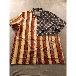Ouku Shirt Mens XL Multicolor American Flag Patriotic Short Sleeve Button Up